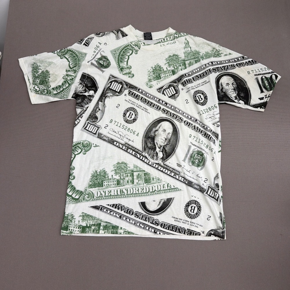 Vintage All Over Print 100 Dollar Bill T-Shirt Mens XL White Green Money Graphic